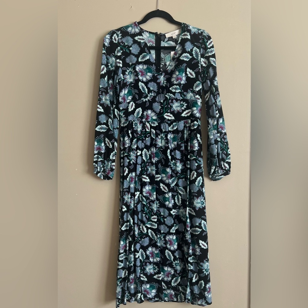 LOFT Black and Blue Floral Long Sleeve Dress